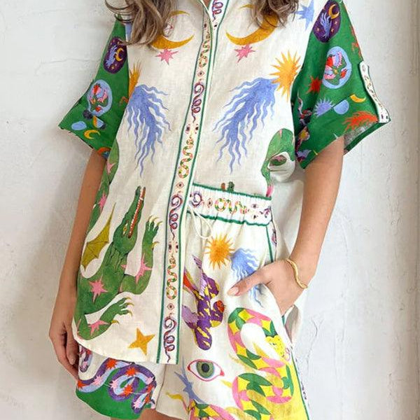 Days of Heaven Linen Blend Unique Print Blouse and Elastic Waist Pocketed Shorts Set