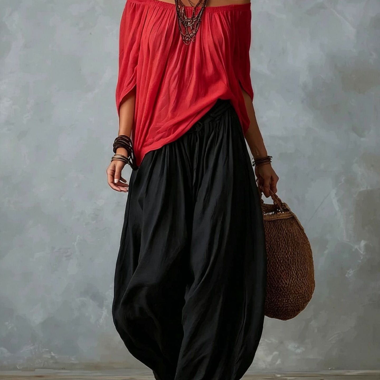 White Off-the-shoulder Top And Loose-fitting Lantern Pants Set