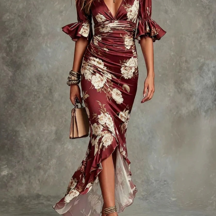 Green Floral Ruffled Bell Sleeve V-neck Satin Asymmetrical Maxi Dress