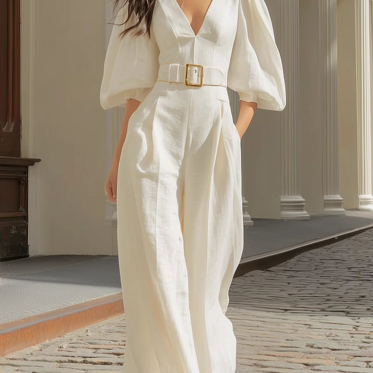 White V-neck lantern sleeve wide-leg jumpsuit(Includes belt)