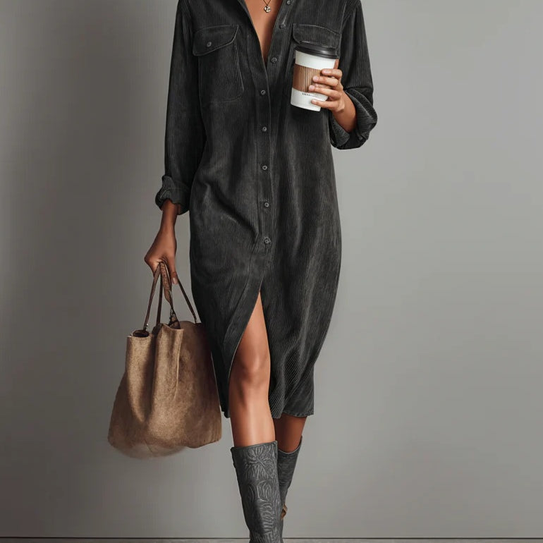 Loose Corduroy Double Chest Pocket Single Breasted Midi Dress