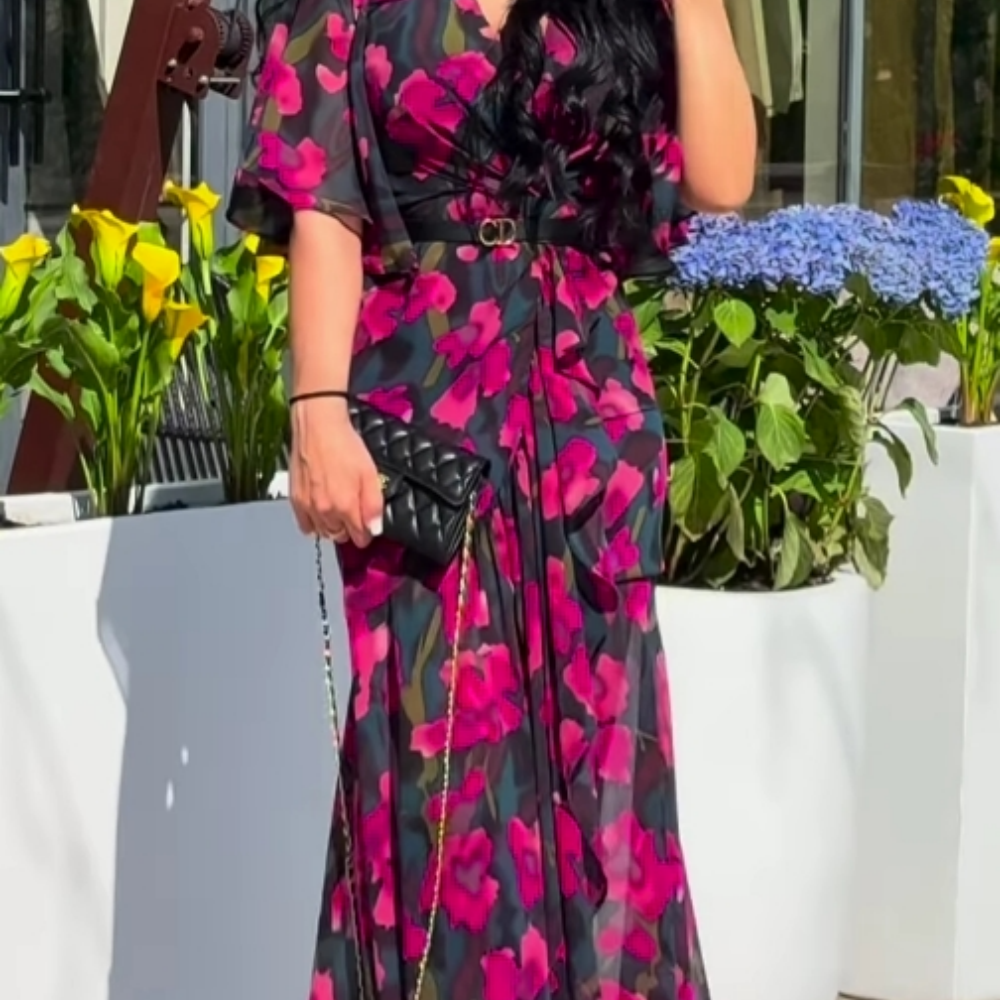 Retro V-neck trumpet sleeve printed dress