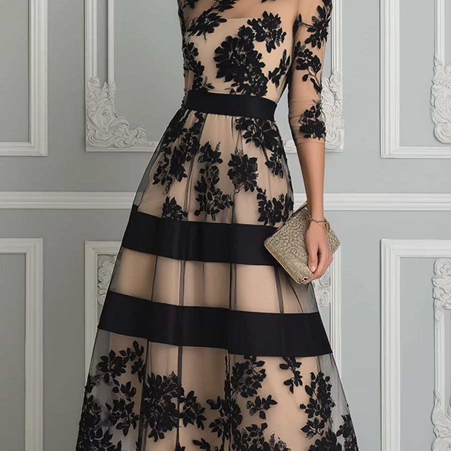 Black Lace Elegant A Line Midi Dress