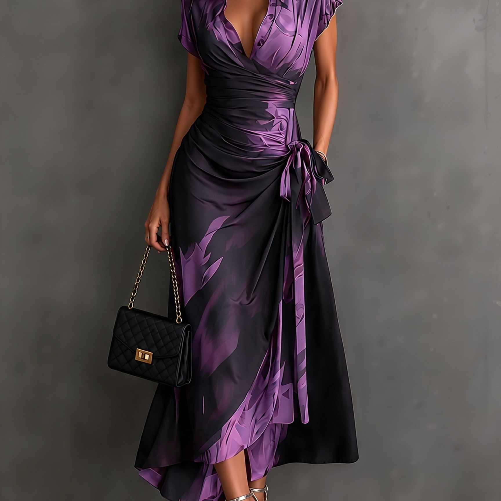 Red Black Abstract Print Wrap Midi Dress Collared V Neck Short Sleeve Tie Waist Ruffled High‑Low Hem Dress