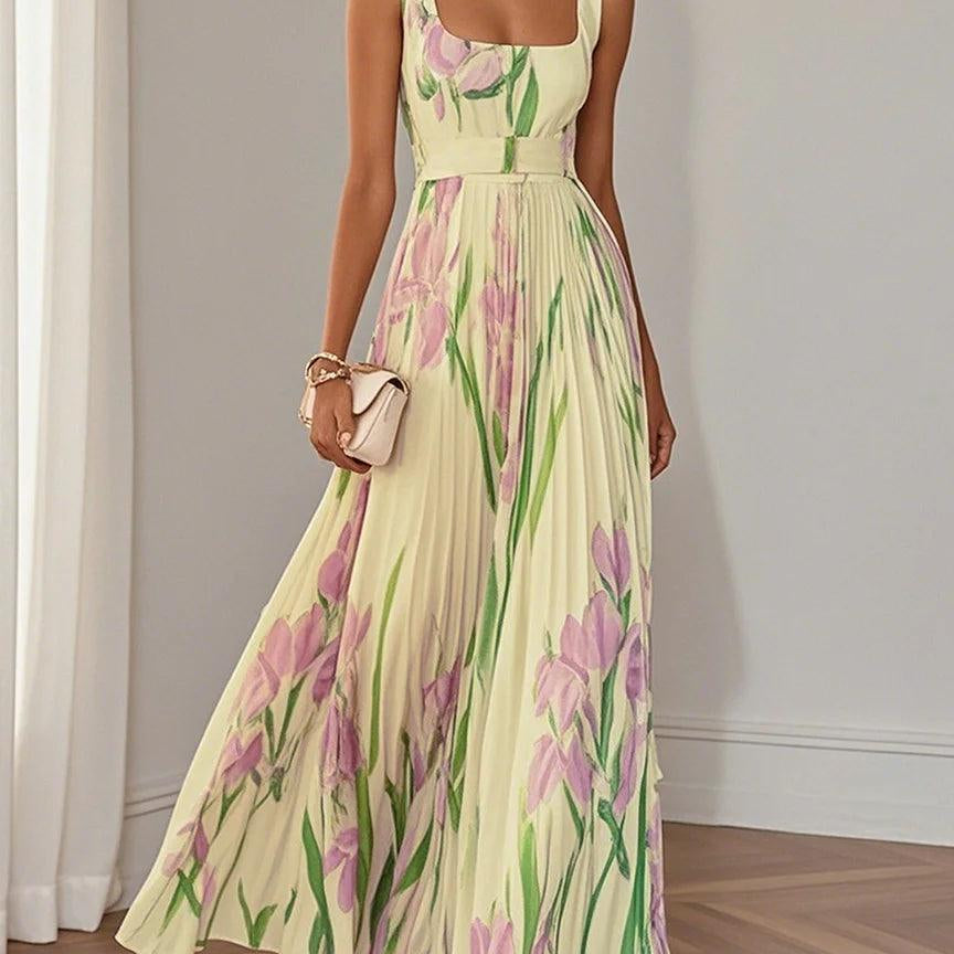 White Pleated Floral Chiffon Square Neck Sleeveless A-Line Maxi Dress