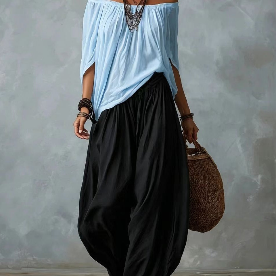 White Off-the-shoulder Top And Loose-fitting Lantern Pants Set