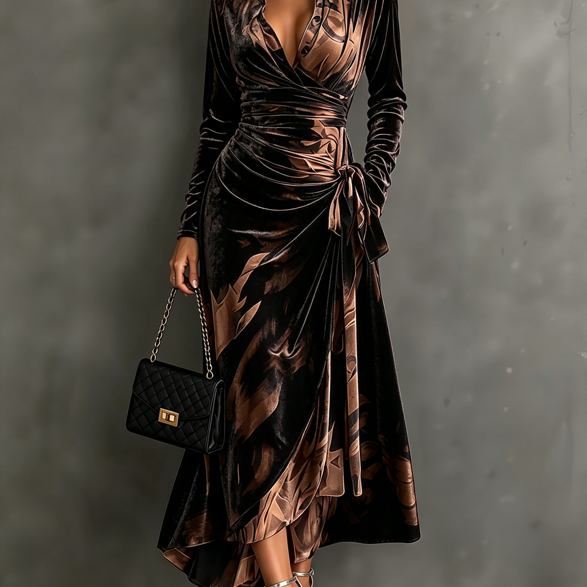 Velvet Wrap Collared Long Sleeve Abstract Print Tie Waist Asymmetrical Hem Midi Dress