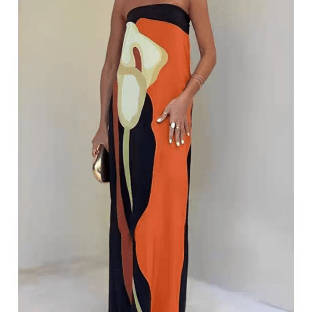 Strapless Color Block Printed Maxi Party Dress