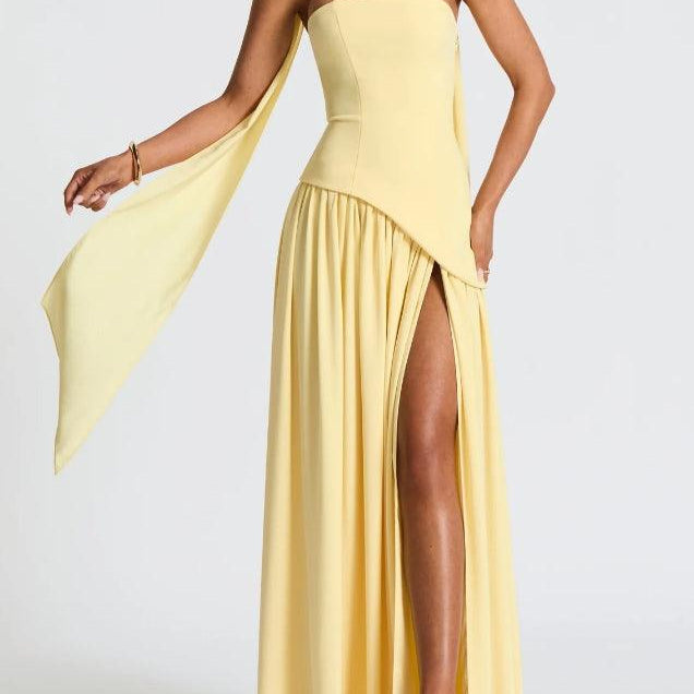 Strapless Slit Ribbon Maxi Dress