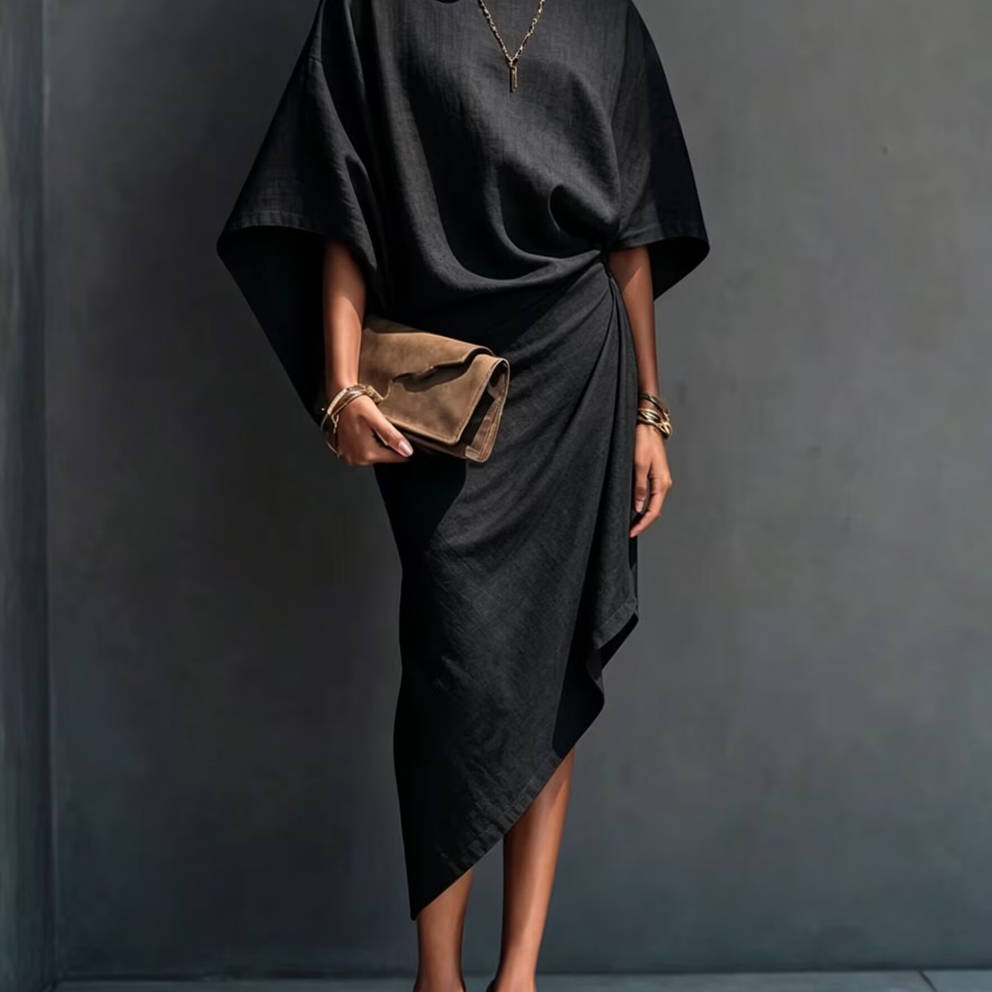 Khaki Draped Asymmetrical Short-sleeved Midi Dress
