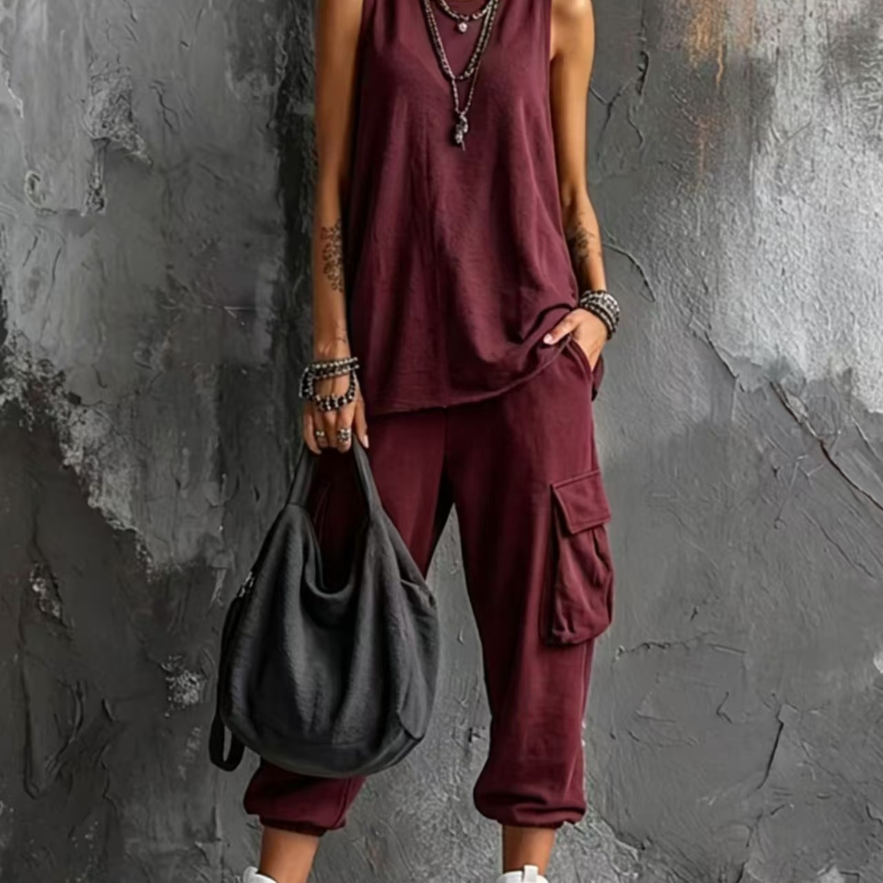 Dark Gray Vest And Jogger Cargo Pants Casual Suit