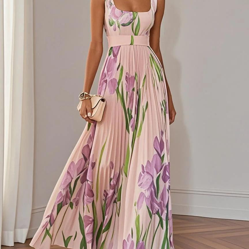 White Pleated Floral Chiffon Square Neck Sleeveless A-Line Maxi Dress