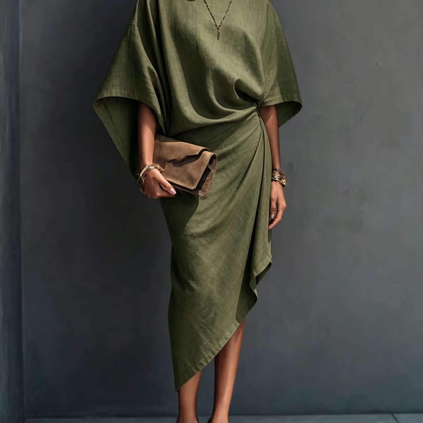 Khaki Draped Asymmetrical Short-sleeved Midi Dress