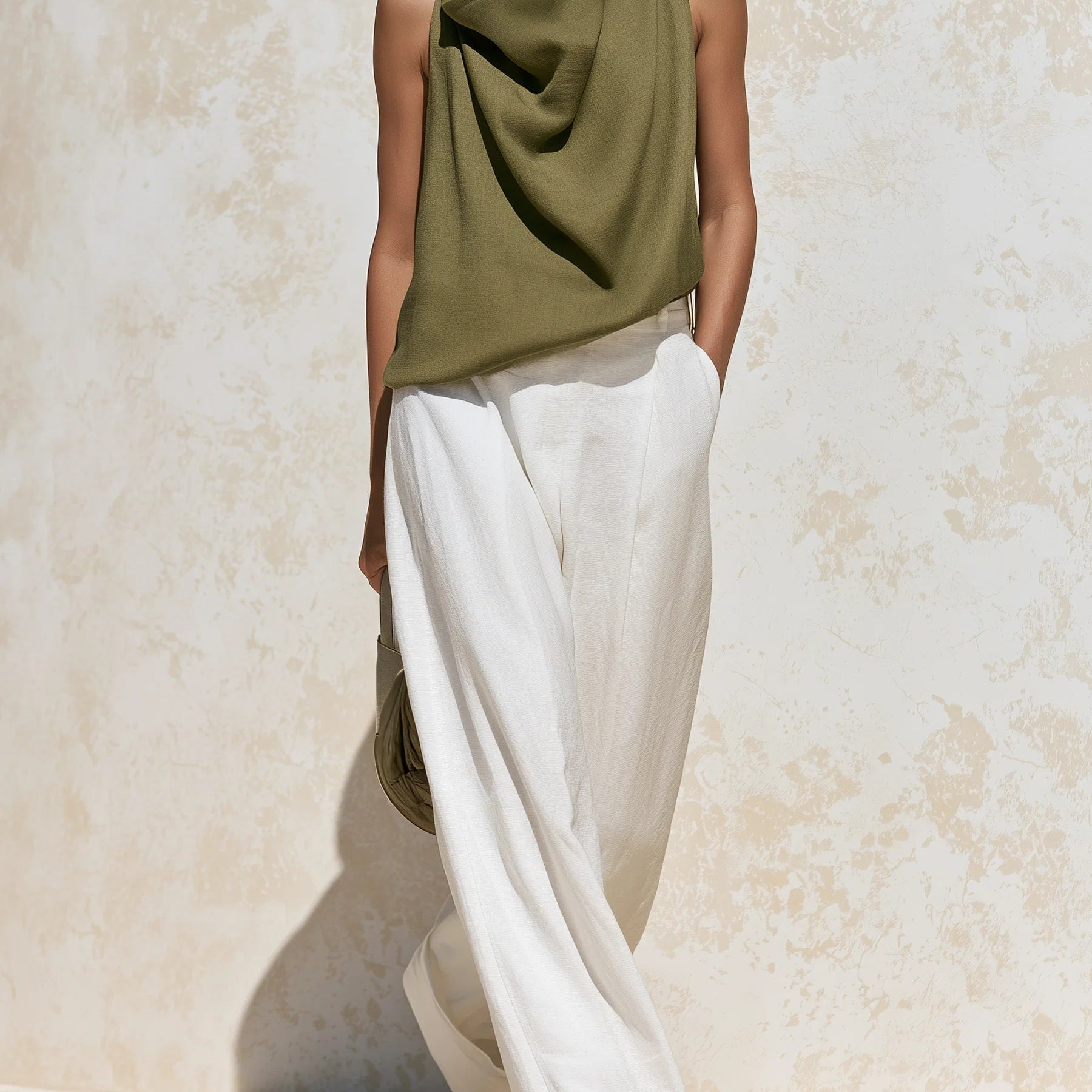 Olive Green Draped Cowl Neck Sleeveless Top & White High Waist Wide Leg Pants Two Piece Outfit