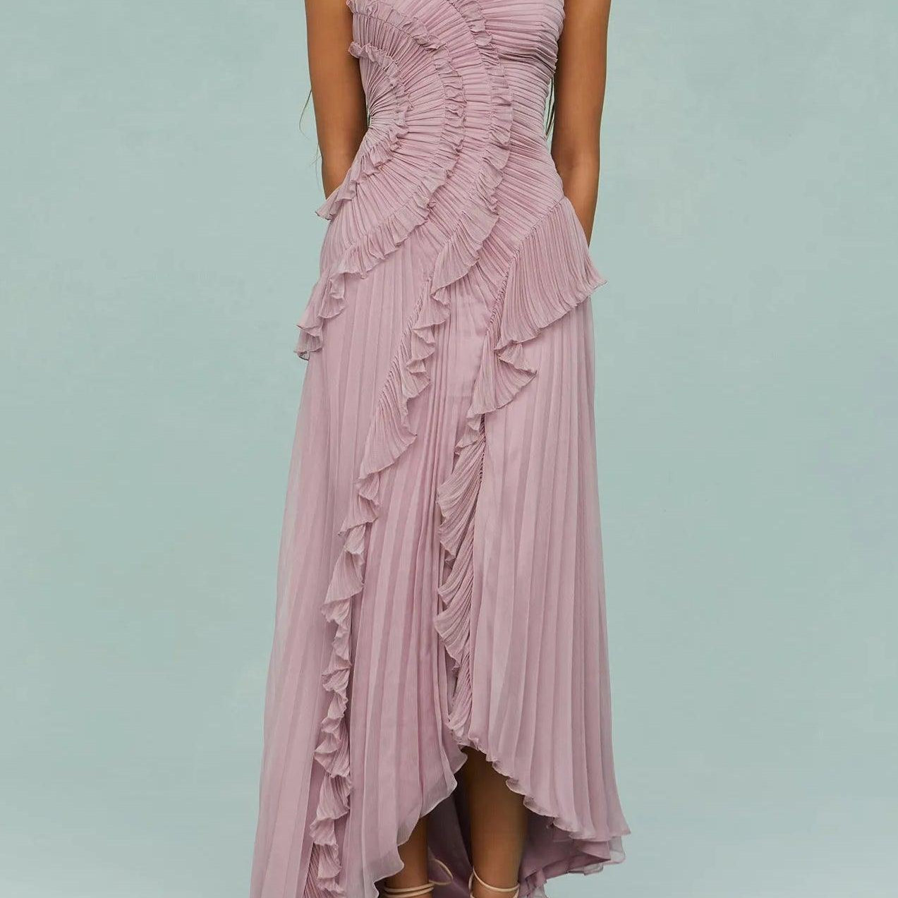 Pleated Suspender Long Dress With Slits