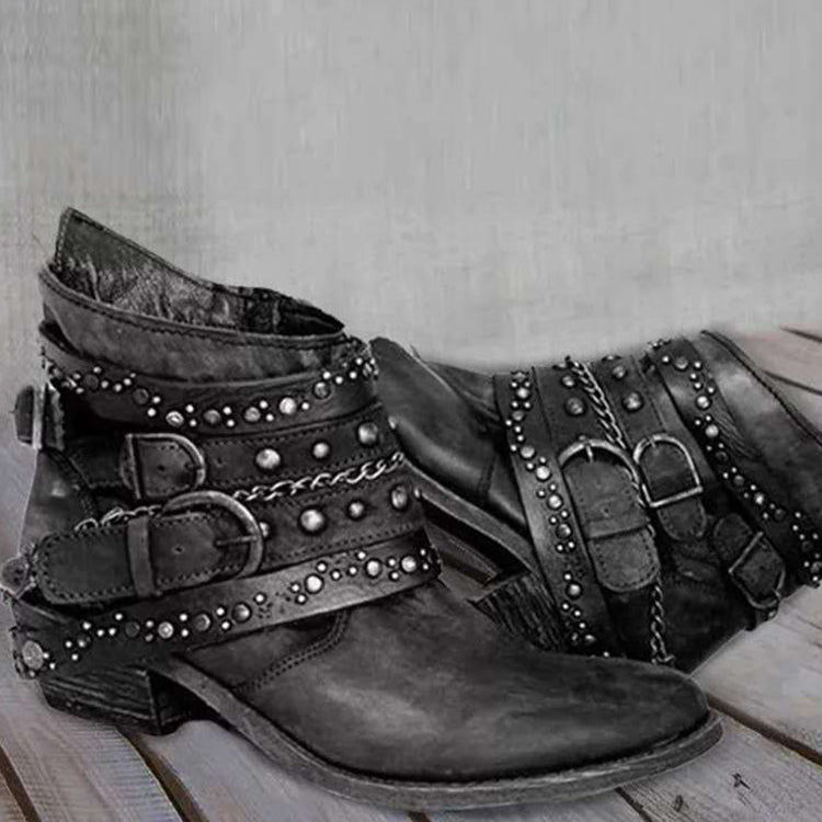 Vintage Washed Studded Buckles Ankle Boots