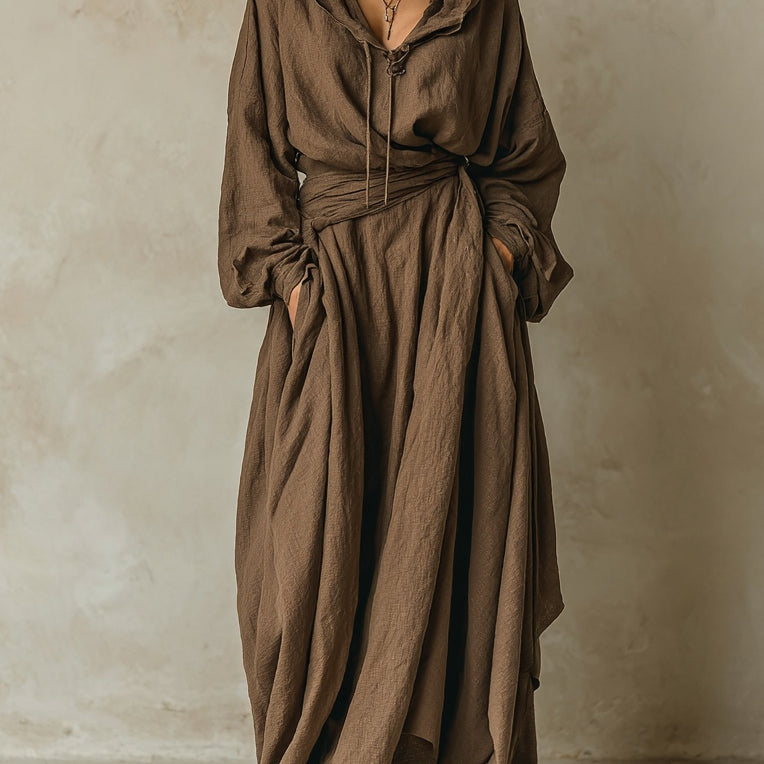 Brown faux cotton linen hooded loose maxi dress