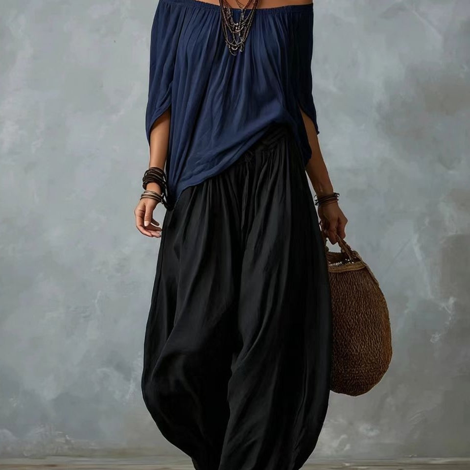 White Off-the-shoulder Top And Loose-fitting Lantern Pants Set