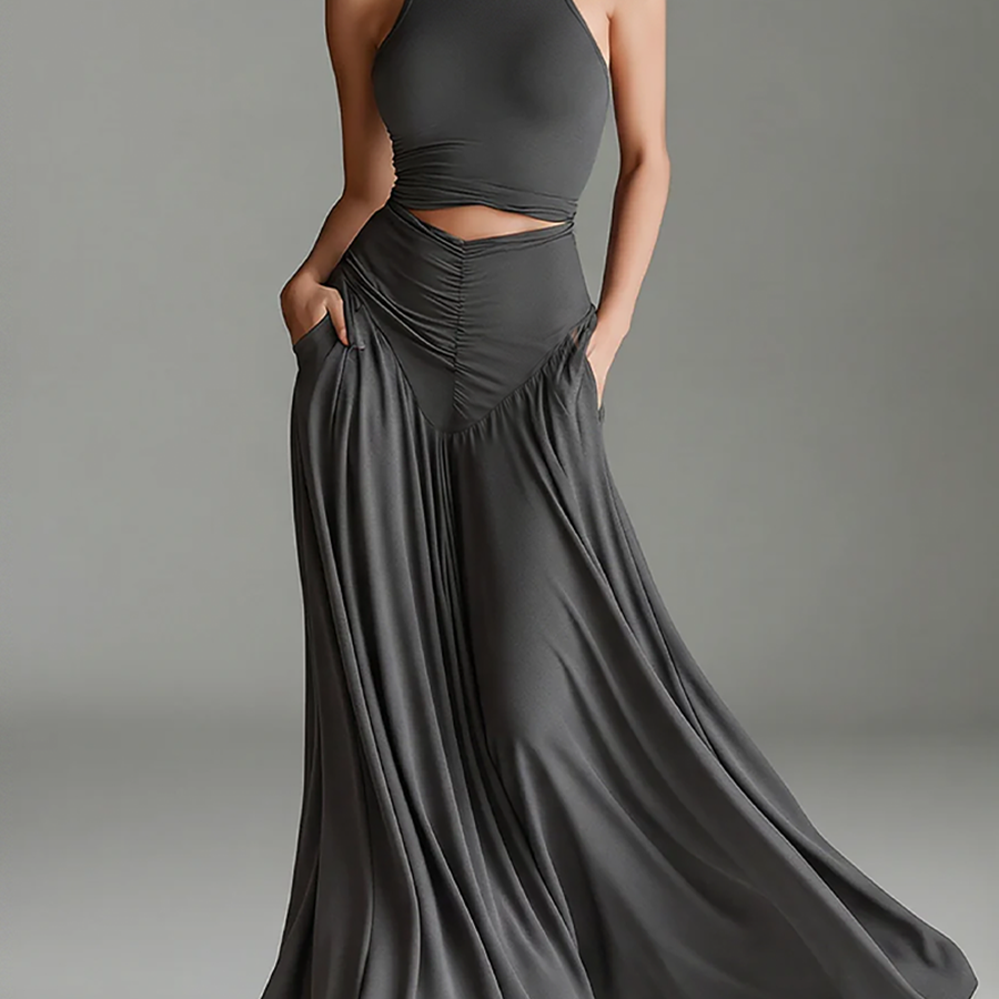Women's Dark Grey Turtleneck Halter Cutout Waist Maxi Dress