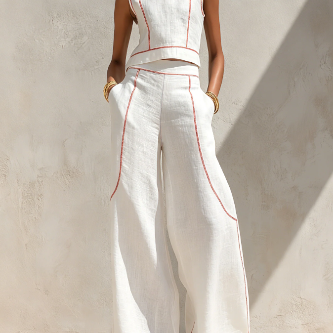 Women's Minimalist Linen-Blend Blouse & Wide-Leg Pants Set