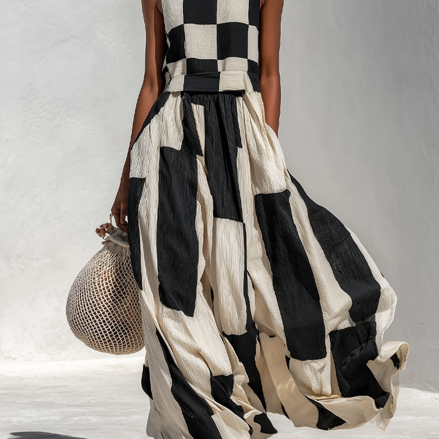 Fashionable Check And Stripe Pattern Sleeveless Maxi Dress