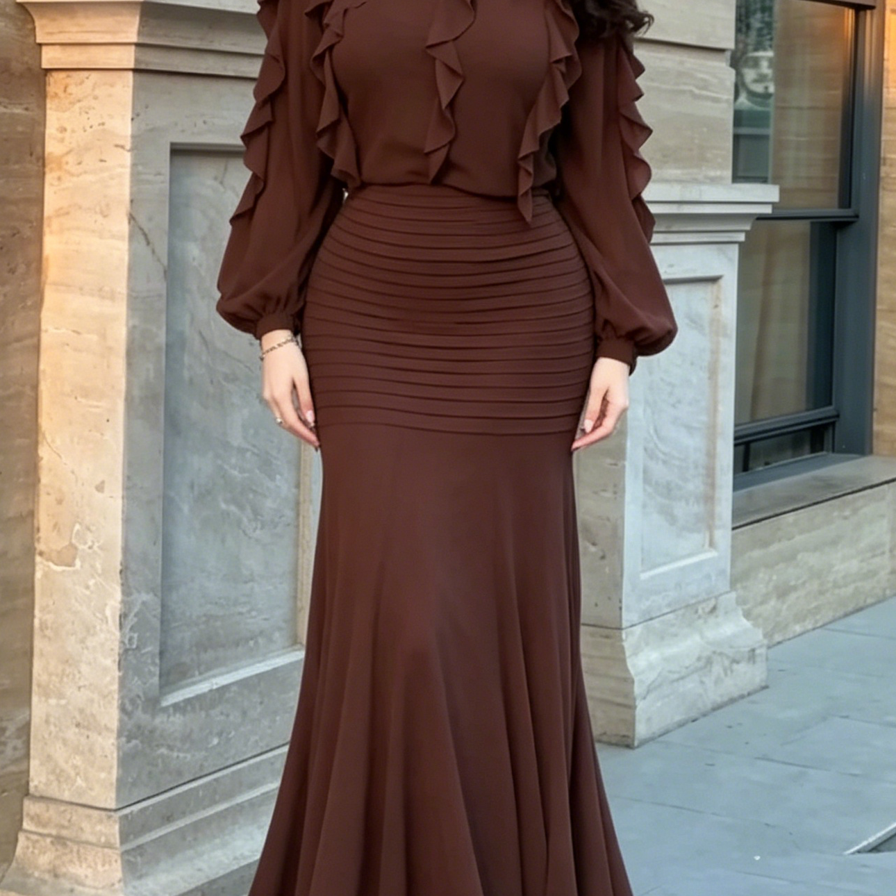 Brown Ruffle Long Sleeve Top & Ribbed Mermaid Maxi Skirt Two-Piece Set