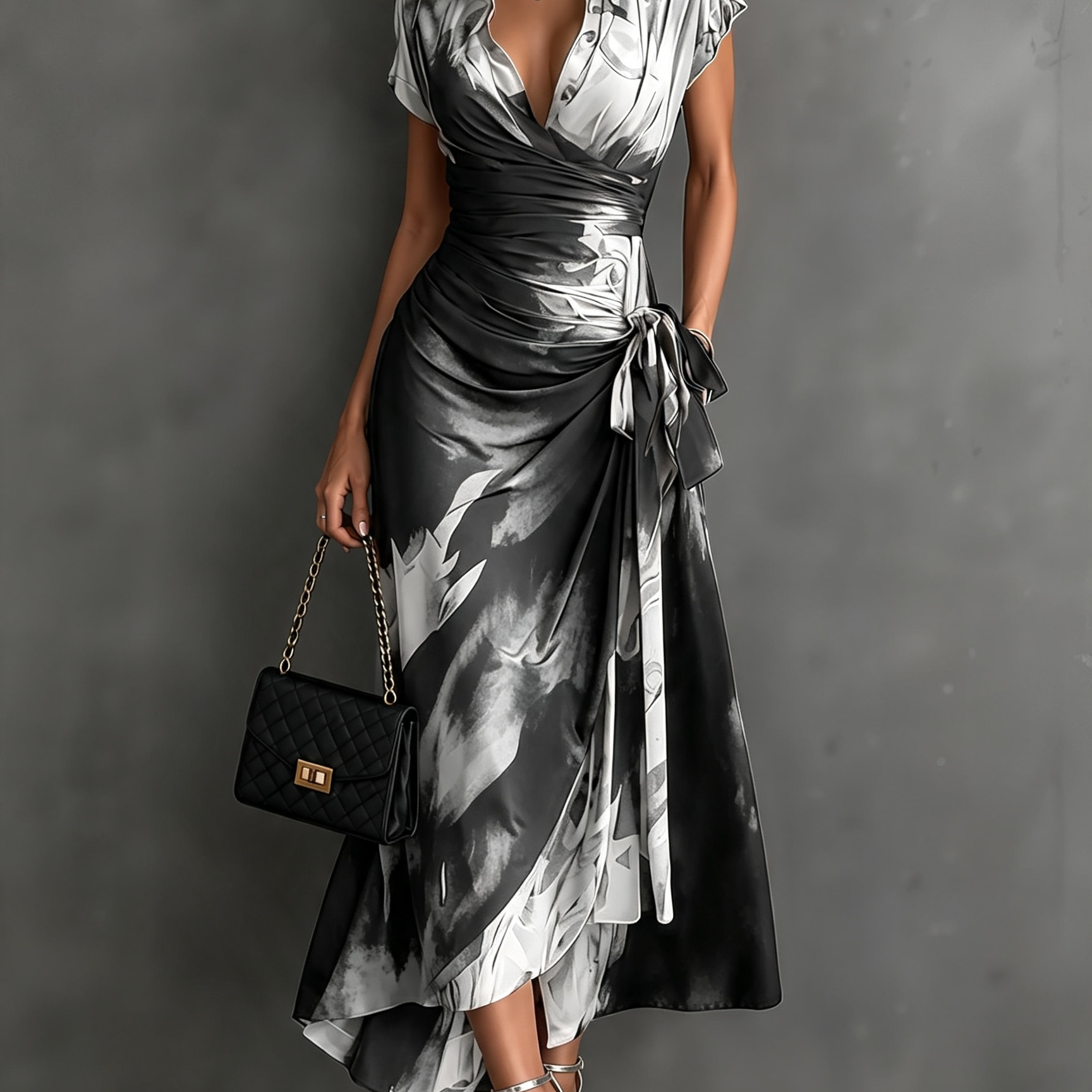 Red Black Abstract Print Wrap Midi Dress Collared V Neck Short Sleeve Tie Waist Ruffled High‑Low Hem Dress