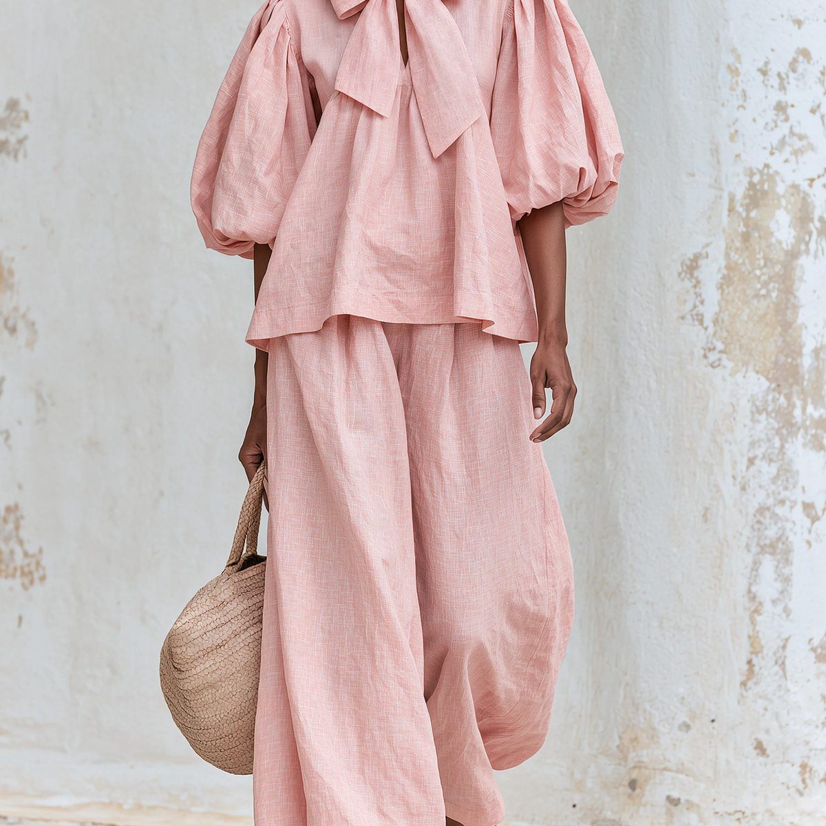 Blush Pink Linen-Blend Bow Tie Puff Sleeve Top & Wide-Leg Pants Set