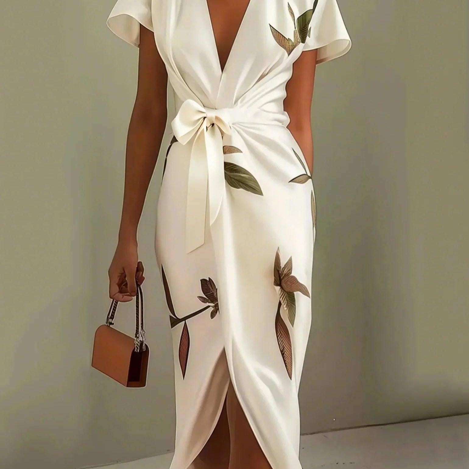White Leaf Short Sleeve Satin Wrap Sheath Midi Dress