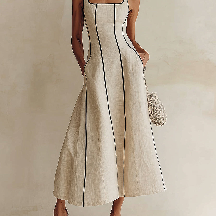 Apricot Minimalist Black Striped A-Line Maxi Dress