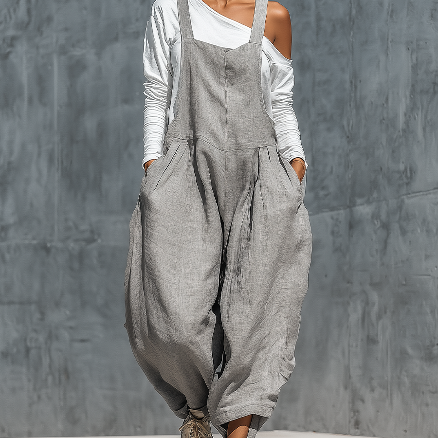 Gray Cotton-linen blend Loose Fit Pocket Wide Leg Overalls With A White Base Layer Two Piece Set