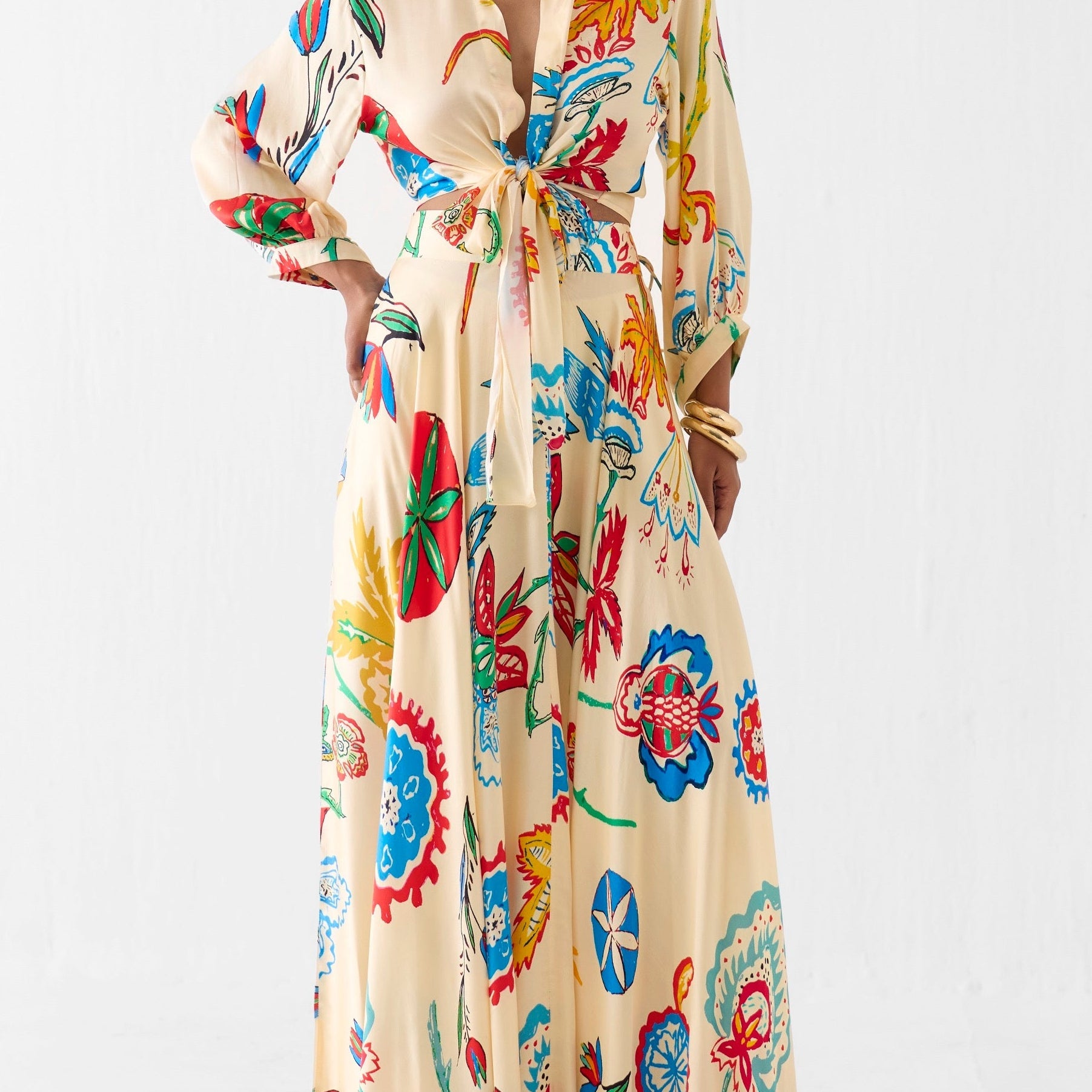 Vacation Tropical Floral Print Waist Tie Shirt & Maxi Skirt Boho Two Piece Set