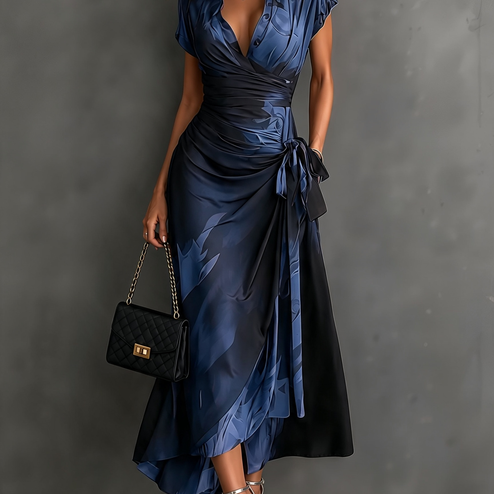 Red Black Abstract Print Wrap Midi Dress Collared V Neck Short Sleeve Tie Waist Ruffled High‑Low Hem Dress
