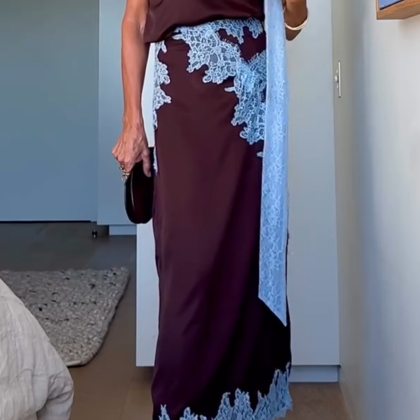 Elegant Brown and Blue Lace Panel Top + Skirt Suit Set