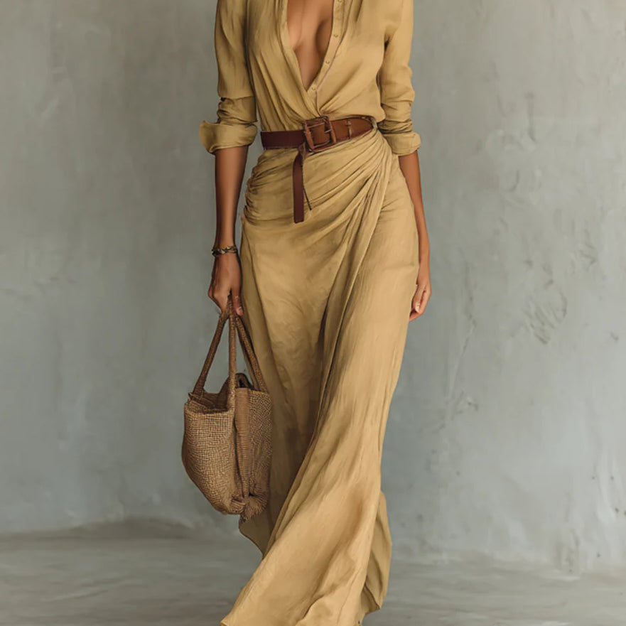 Ladies Lapel Long Sleeve Shirt Belted Maxi Dress