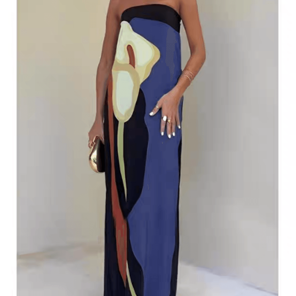 Strapless Color Block Printed Maxi Party Dress