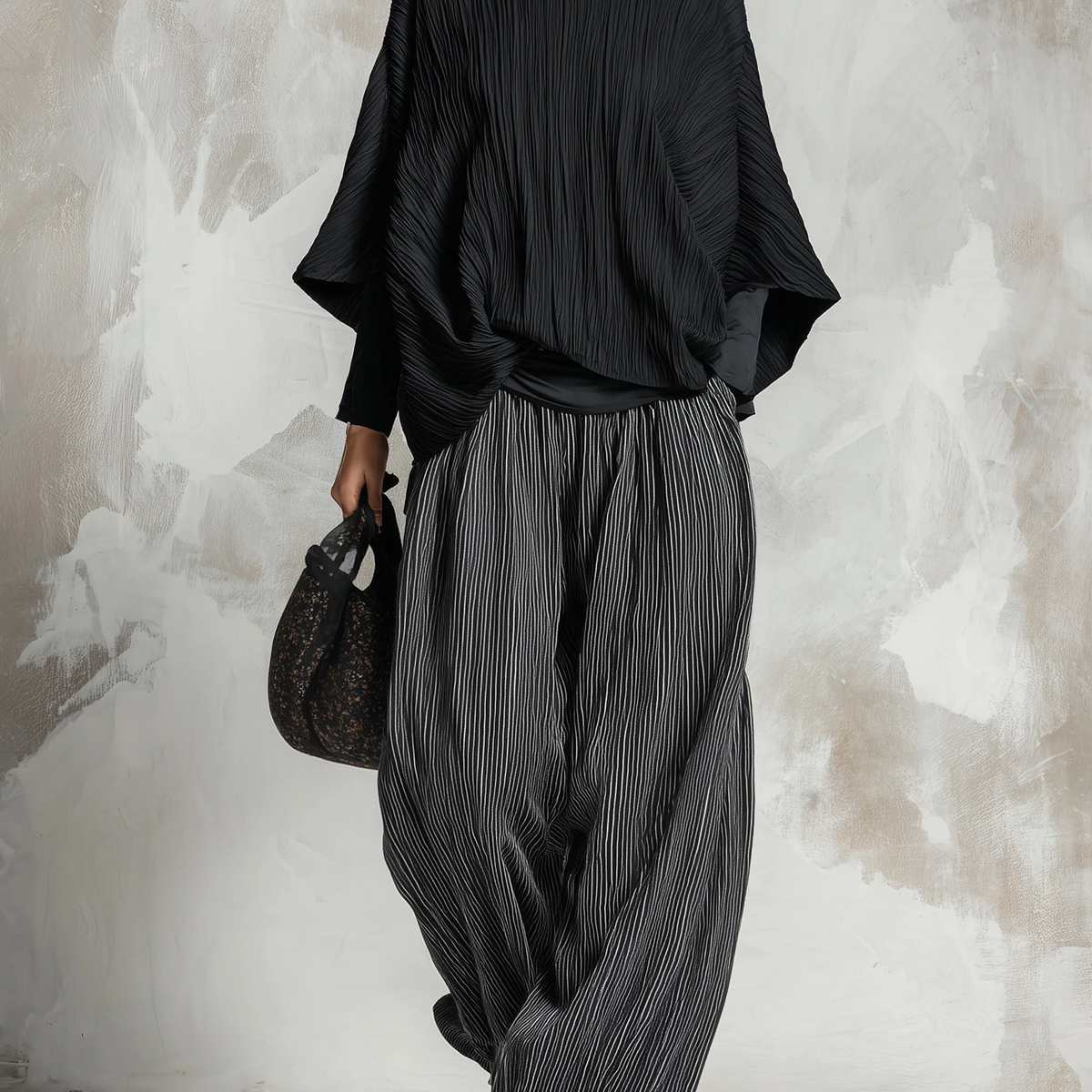 Relaxed Pleated Batwing Top and Wide-Leg Pants Two-Piece Set