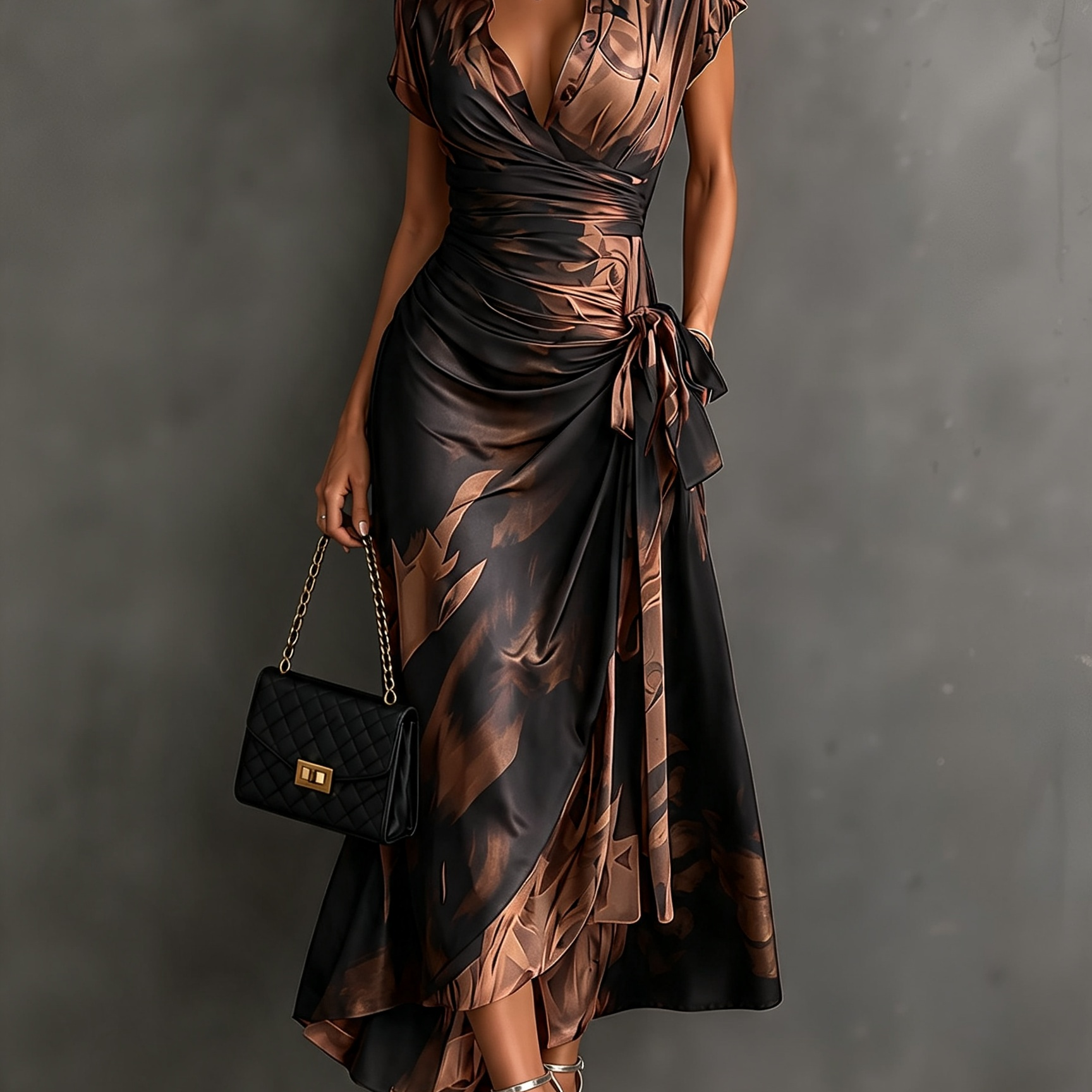 Red Black Abstract Print Wrap Midi Dress Collared V Neck Short Sleeve Tie Waist Ruffled High‑Low Hem Dress