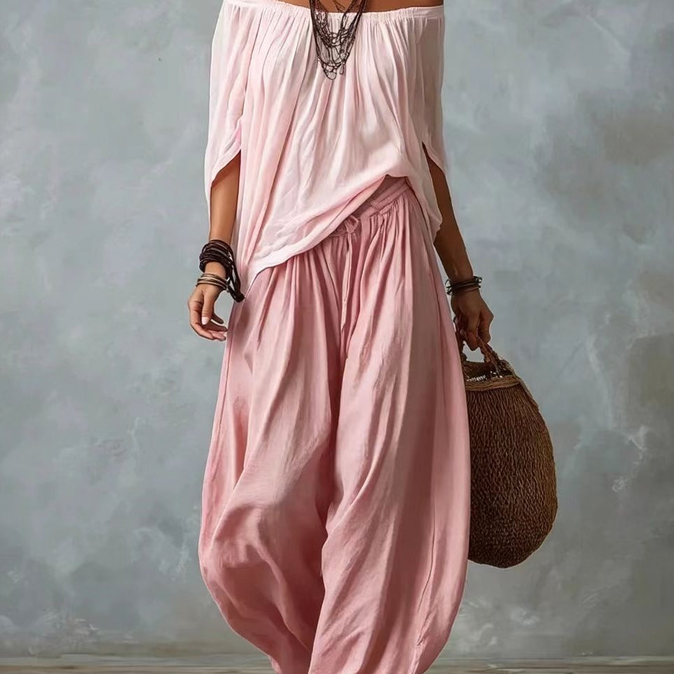 White Off-the-shoulder Top And Loose-fitting Lantern Pants Set