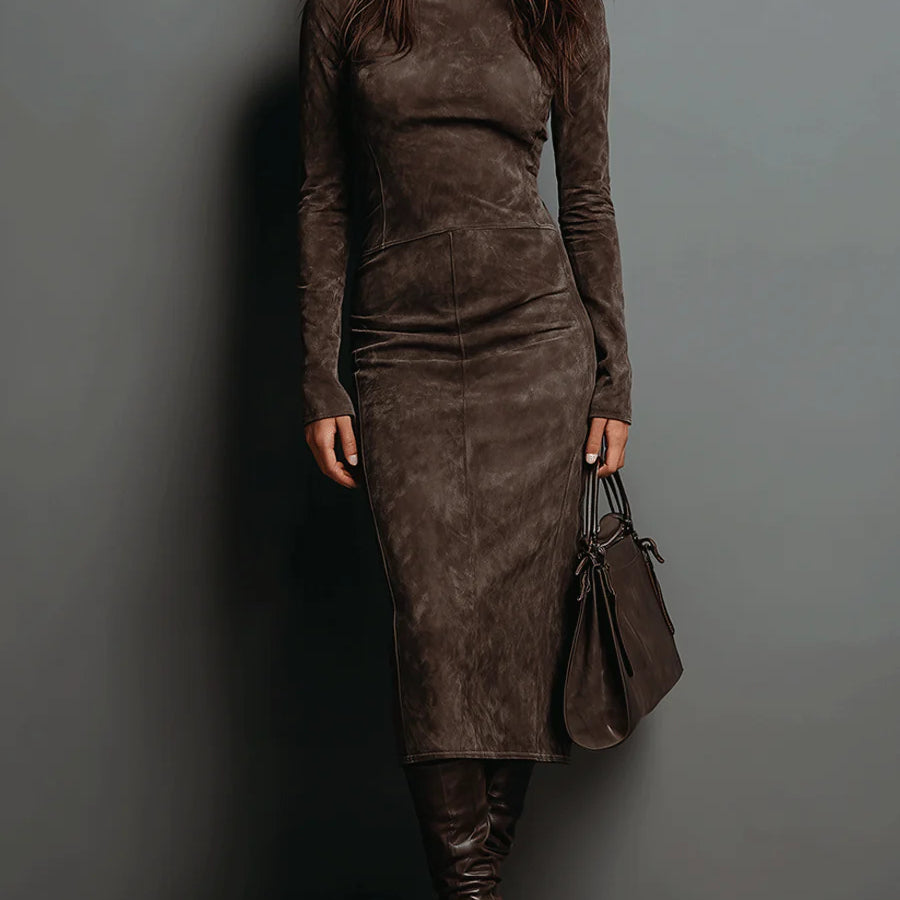 High Neck Long Sleeve Suede Midi Dress