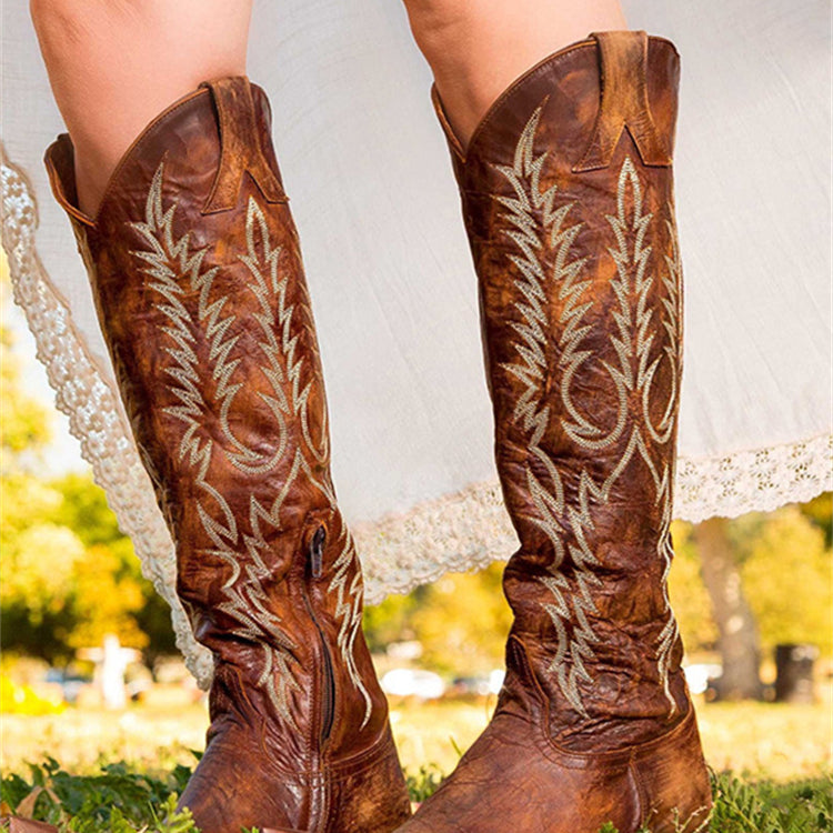 Vintage Western Cowboy Embroidered Knee-High Boots