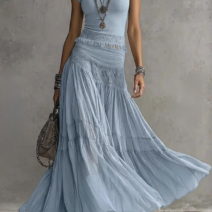 BLUE LACE-PANELED TOP AND PLEATED MAXI SKIRT SET