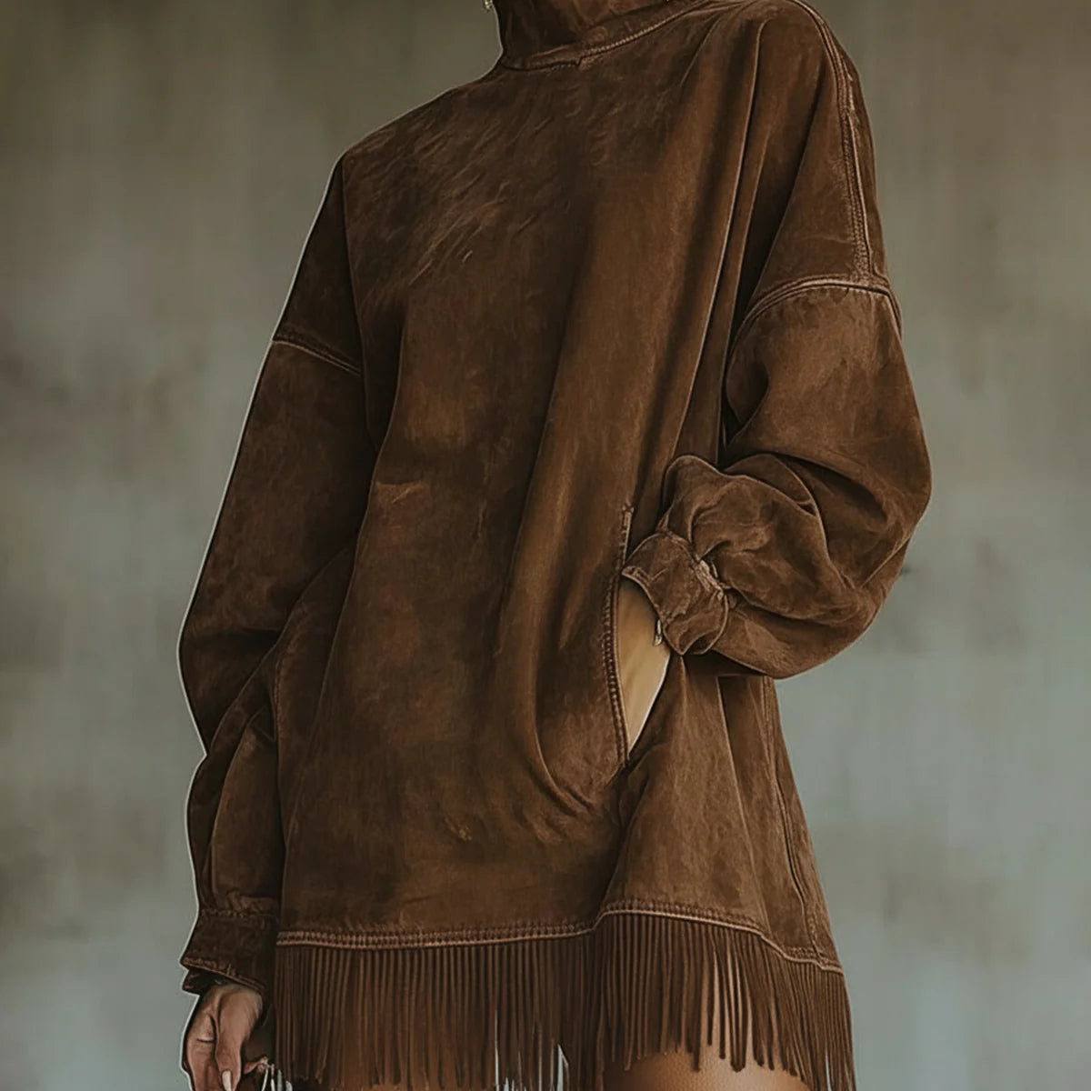 Faux Suede Turtleneck Dress With Fringe Hem