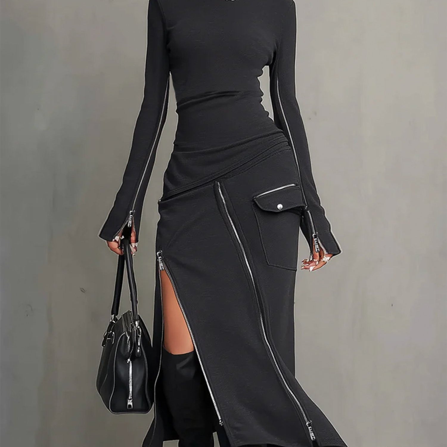 High-neck irregular zipper pocket set