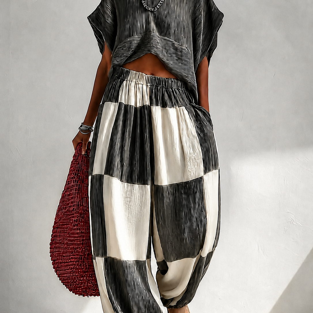 Pleated Crop Top & Color Block Wide Leg Plaid Pants Two Piece Vacation Set