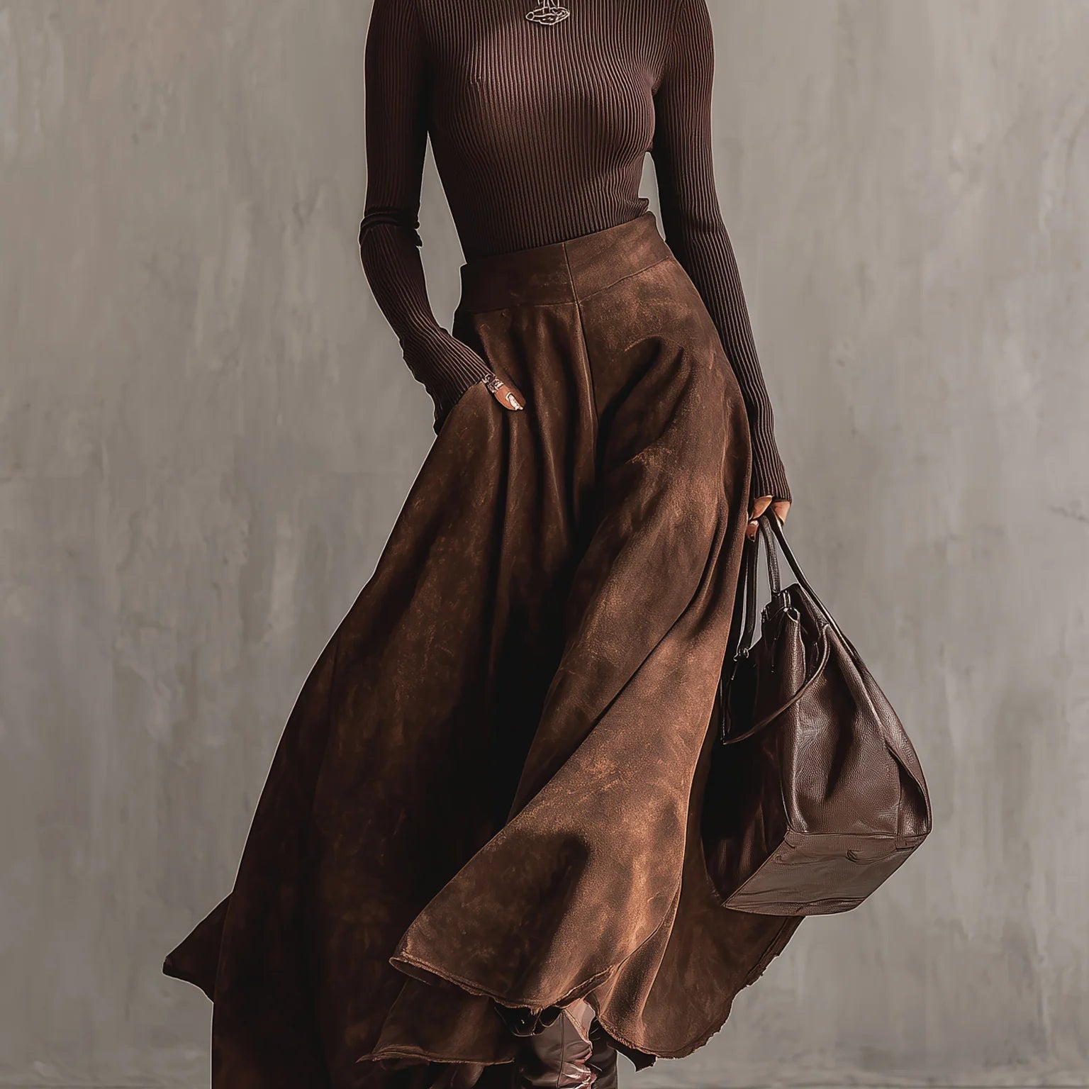 Coffee Distressed Suede Midi Skirt Set