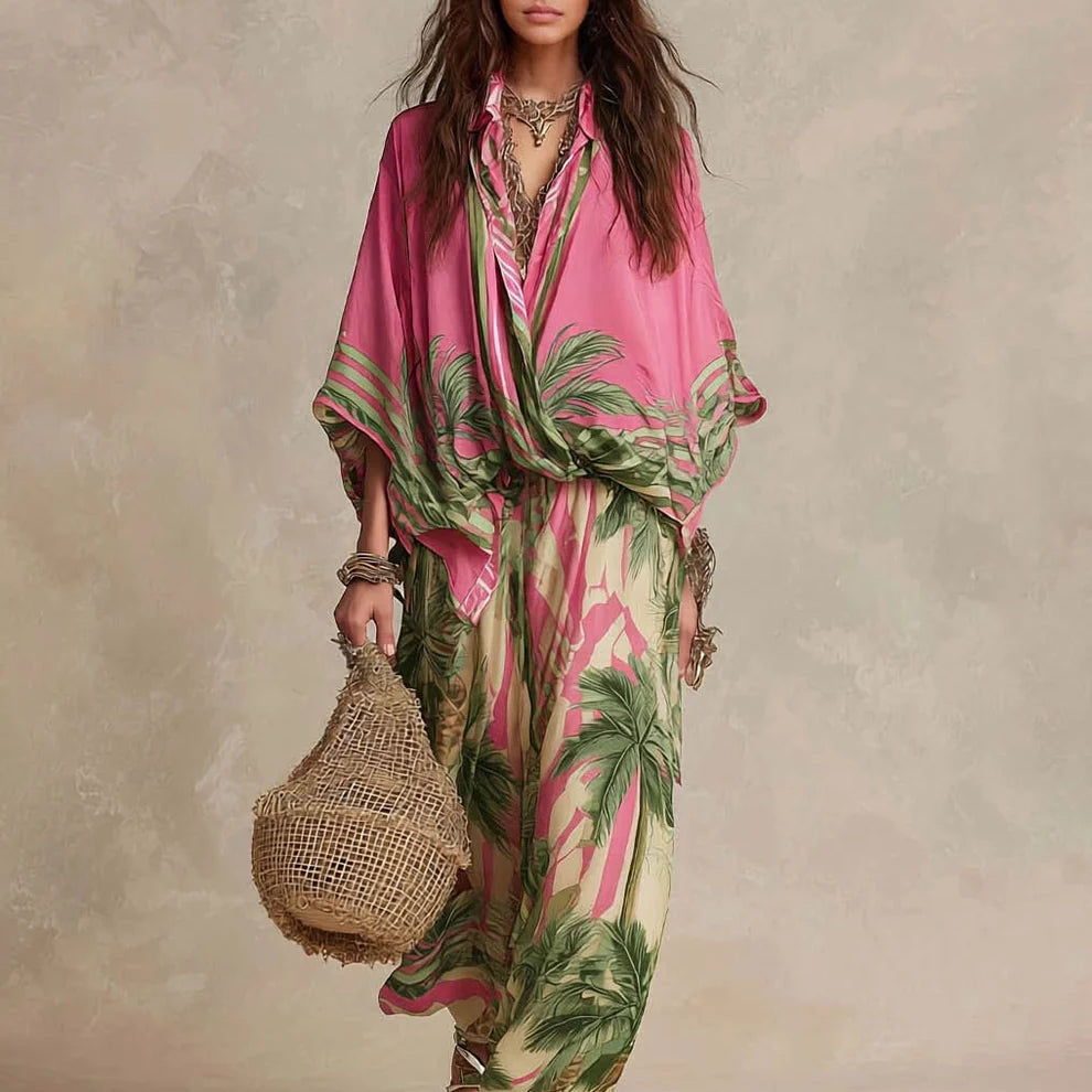 Effortless Palm-Print Kimono Two-Piece Set