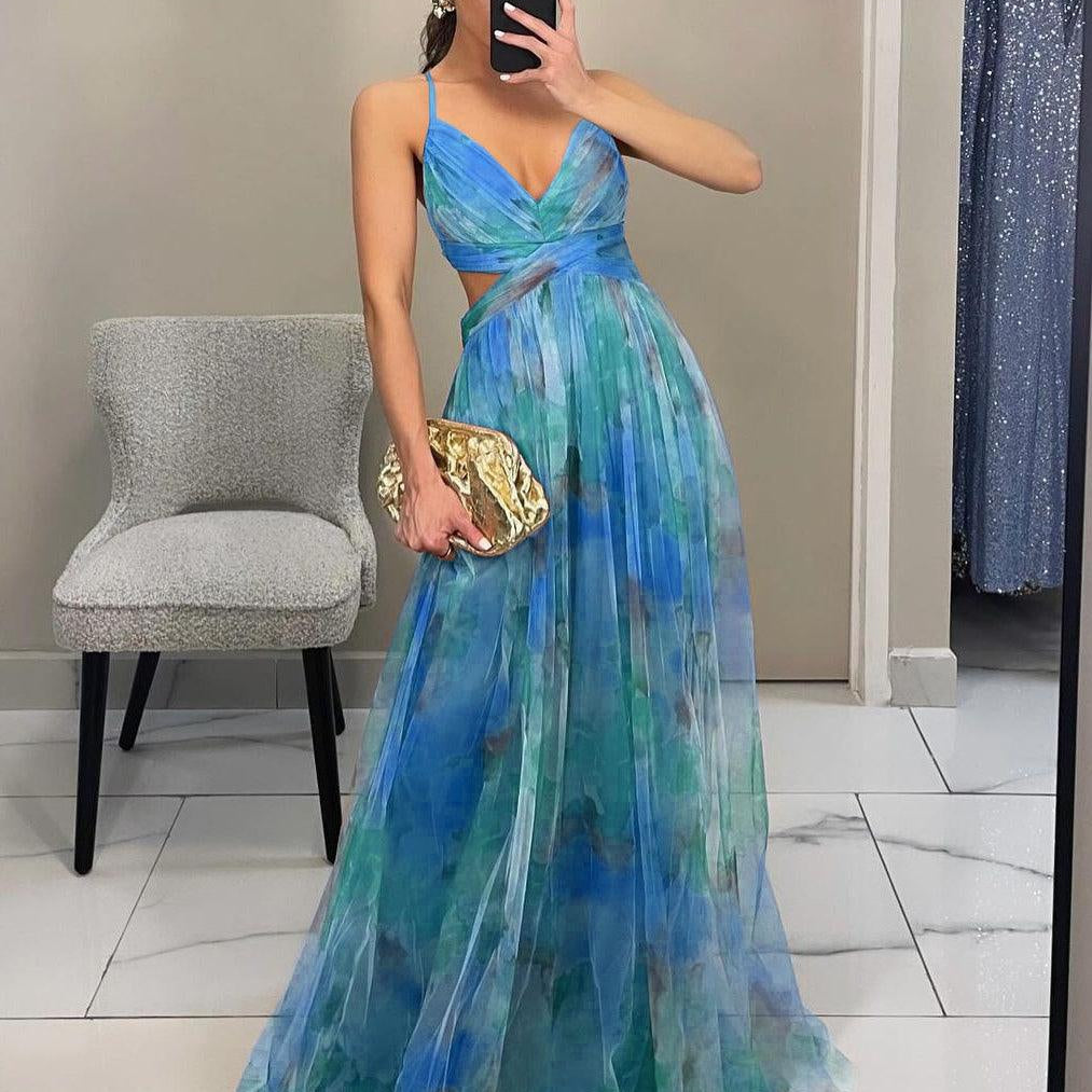 Elegant Painted Floral Print V-Neck A-Line Maxi Dress