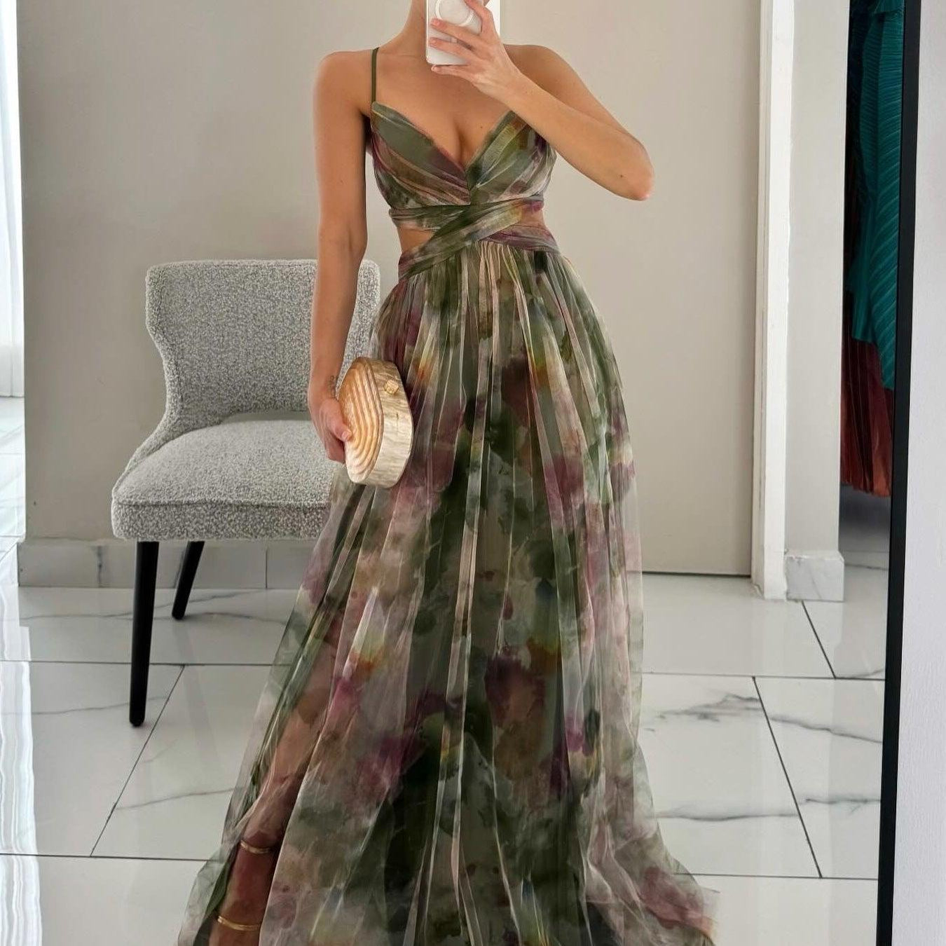 Elegant Painted Floral Print V-Neck A-Line Maxi Dress