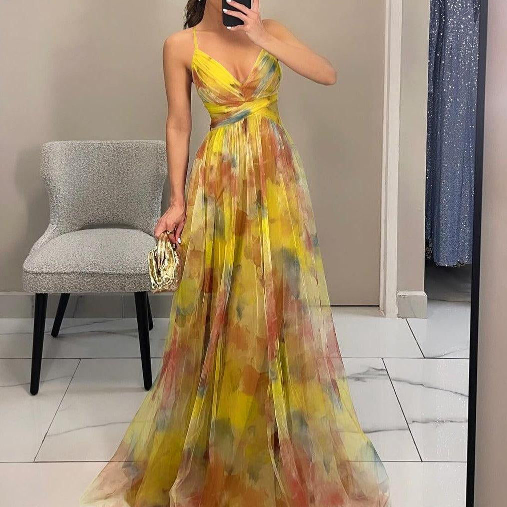 Elegant Painted Floral Print V-Neck A-Line Maxi Dress